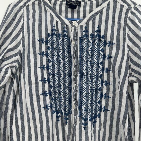 Lucky Brand Size Medium V-Neck Long Sleeved Blouse Gray Striped embroidered - Picture 3 of 5